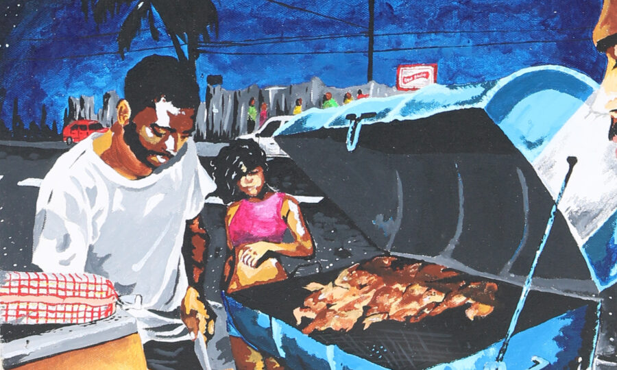 A painted scene shows a man grilling food on an open barbecue with a woman standing nearby. The backdrop is a vibrant, night-time setting with a deep blue sky and a palm tree silhouetted against city lights. A checkered cloth is draped on a table in the foreground.