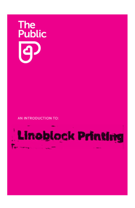 Bright pink poster with "The Public" logo at the top left. The text "AN INTRODUCTION TO:" is in the center, above a black block-text reading "Linoblock Printing.