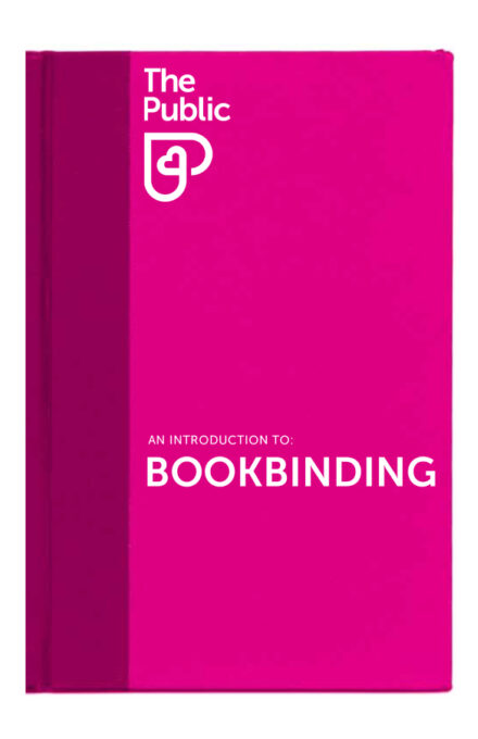 A bright pink book cover with the title "An Introduction to: Bookbinding" in white text. The top left corner features a logo with the words "The Public" above a small graphic. The spine of the book is a darker shade of pink.