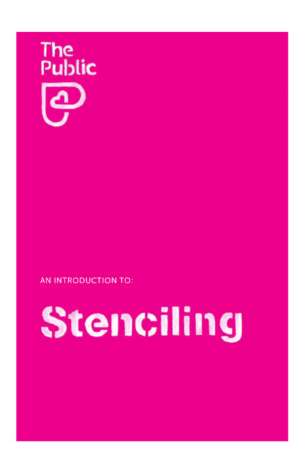 A bright pink rectangular brochure cover with white text. The upper left corner has "The Public" with a stylized "P" logo. Below, in smaller text, "An Introduction to:" is written, followed by the larger, bold word "Stenciling" in the center.