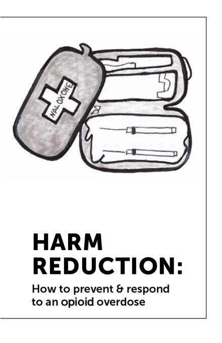 An illustrated guide cover that shows an open naloxone kit with the title "HARM REDUCTION: How to prevent & respond to an opioid overdose." The kit includes syringes, a vial, and other medical supplies.